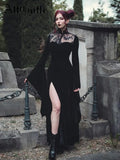 Gothic Black High-Waist Maxi Dress with Flare Sleeves and Lace Cutout