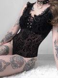 Lace Bodycon Bodysuit Gothic Mesh Hollow Out Sleeveless Bodysuit - Alt Style Clothing