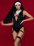 Sexy Nun Uniform Cosplay Lingerie Set Black Deep-V Bodysuit - Alt Style Clothing