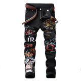 Punk Skinny Denim Jeans with Printed Design - Mid Waist, Light Wash