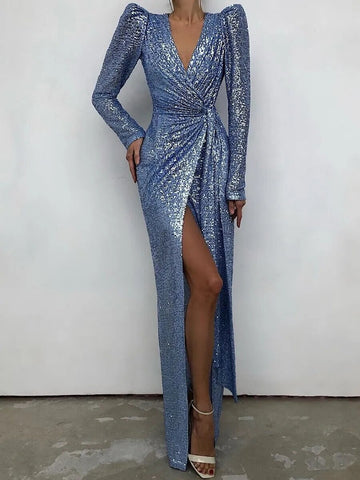 Sexy Sequins V-Neck Slim Fit Evening Dress Long Sleeved Elegant Split Tailing Gown