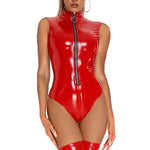 Glossy Leather Tank Bodysuit With Front Zipper