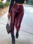 Faux Leather High-Waisted Skinny Pants - Single Button and Zipper Closure for a Sleek and Sexy Look - Alt Style Clothing