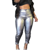 High-Waisted Silver Bright Pencil Pants - Stretchy and Perfect for Party or Club Wear