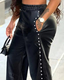 High-Waisted Studded PU Leather Wide Leg Pants – Bold Style with Pocket Detail