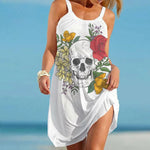 Vintage Skull Face Sleeveless Lace-Up Halter Mini Dress - Edgy and Effortless