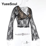 Sexy Gothic Crop Top - Long Sleeves with V-Neck and Velvet Lace Mesh in Black