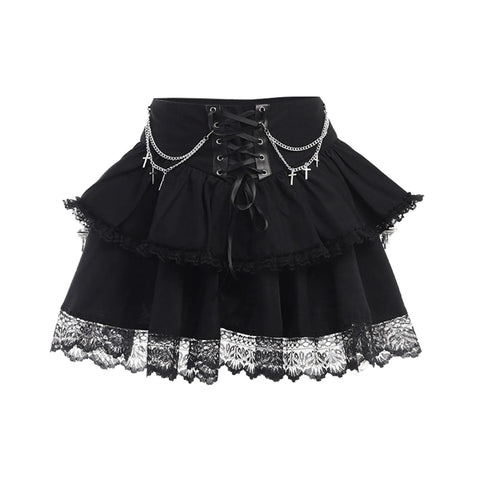 Black Gothic High-Waisted Pleated Mini Skirt with Chain – Streetwear Style