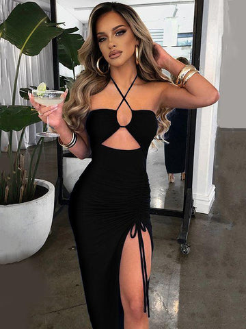Sexy Halter Backless Sleeveless Cut Out Maxi Dress - Alt Style Clothing