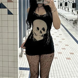 Goth Dark Anime Skull Print Mini Dress with Lace and Spaghetti Straps