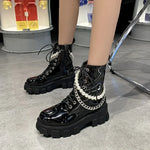 Platform Leather Ankle Motorcycle Boots with Pearl Chain – Stylish Designer Ladies' Shoes