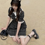 Classic Japanese Style Plaid Gothic Dress with Lace and Puff Sleeves