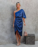 Satin One-Shoulder High Split Ruched Dress