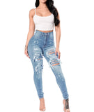 High-Waisted Ripped Skinny Jeans – Light Blue Stretch Denim Pencil Pants