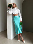 Solid Satin Silk High-Waisted A-Line Skirt - Elegant Office Wear