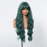 Dark Green Long Curly Wig with Bangs – 28-Inch Wavy Synthetic Hair