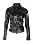 Ninimour Studded PU Leather Mock Neck Blouse – Long Sleeve Skinny Fit for Office Ladies