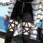 Gothic High-Waist Slim Pencil Pants with Pentagram Cut-Out Design