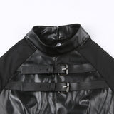Gothic Dark Leather PU Patchwork Punk Style Button Up Bodycon Crop Top - Alt Style Clothing