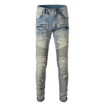 Ripped Patchwork Biker Jeans with Zipper Detailing - Slim Fit Moto Style