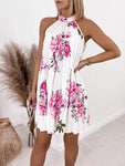 Flower Printed A-Line Dress O-Neck/V-Neck Sleeveless Mini Dress