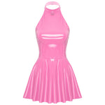 Glossy Patent Leather Halter Skater Mini Dress - Latex Swing Skirt Clubwear