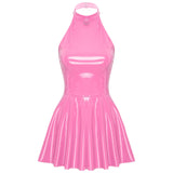 Glossy Patent Leather Halter Skater Mini Dress - Latex Swing Skirt Clubwear