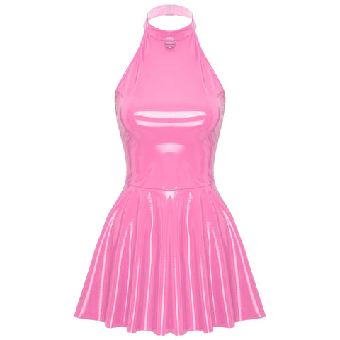 Glossy Patent Leather Halter Skater Mini Dress - Latex Swing Skirt Clubwear