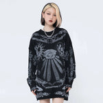 Gothic Skulls Oversized Sweater with Frayed Details for Women