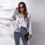 Satin Imitation Silk Button-Up Blouse – Loose Fit Long Sleeve