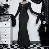 Gothic Dark Aesthetic Vintage High-Waist Trumpet Dress – Elegant Nightclub Flair