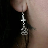 Inverted Cross Pentagram Gothic Drop Earrings – Antique Silver Design