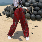 Gothic Checkered Cargo Plaid Pants - Women's Punk Wide-Leg Trousers