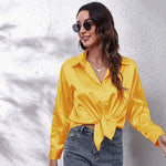 Satin Imitation Silk Button-Up Blouse – Loose Fit Long Sleeve