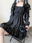 Gothic Square Collar Puff Sleeve Midi Dress with Bow Detail