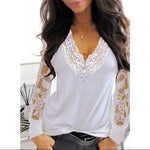 Casual See-Through Lace Trim V-Neck Long Sleeve Top