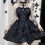 Goth Print Rose Lace Up A Line Backless Fashion V-Neck - Alt Style Clothing