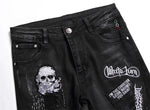 High-Quality Black Denim Biker Jeans with Skull Design - Slim Fit Casual Style