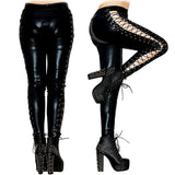 Queen-Inspired Gothic Black PVC Lace-Up Leggings – Punk Rock Faux Leather for Nightclub Style