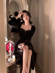 Black Velvet Dress Casual Elegant Midi Long Sleeve Vintage Lace Dress - Alt Style Clothing