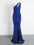 Shiny Royal Blue Hollow Out Velvet Cocktail Gown Stretchy Gary Slit Leg One Shoulder Sleeveless Wedding Party Dress Maxi Fashion - Alt Style Clothing