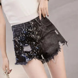 High-Waisted Sequin Denim Shorts with Tassel and Patchwork – High Street Style