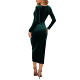 Black Velvet Long Sleeve Bodycon Midi Dress with Ruched Detail