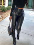 Faux Leather High-Waisted Skinny Pants - Single Button and Zipper Closure for a Sleek and Sexy Look - Alt Style Clothing