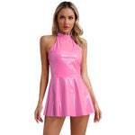 Glossy Patent Leather Halter Skater Mini Dress - Latex Swing Skirt Clubwear