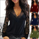 Casual See-Through Lace Trim V-Neck Long Sleeve Top