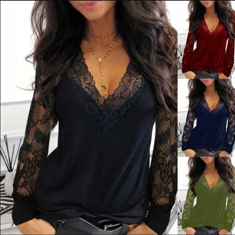 Casual See-Through Lace Trim V-Neck Long Sleeve Top