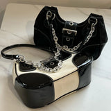 Canvas Splicing Shoulder Bags in Patent Leather and Chain