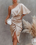 Satin One-Shoulder High Split Ruched Dress