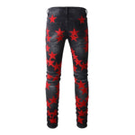 High-Quality Slim Fit Stretch Jeans with Distressed Leather Star Patchwork